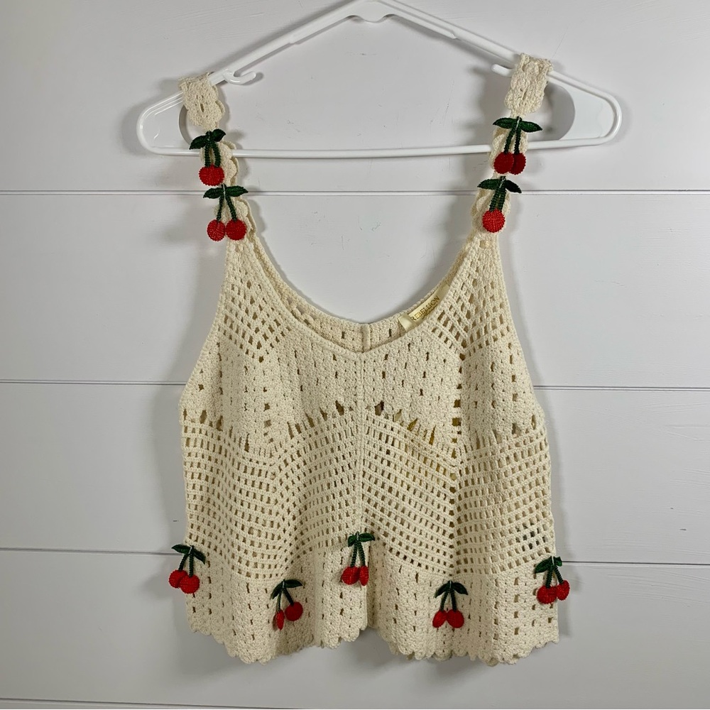 NWT Rebellion Women Sz M Cherry Crochet Knit Crop Top Tank Festival Boho Cute - Picture 2 of 13